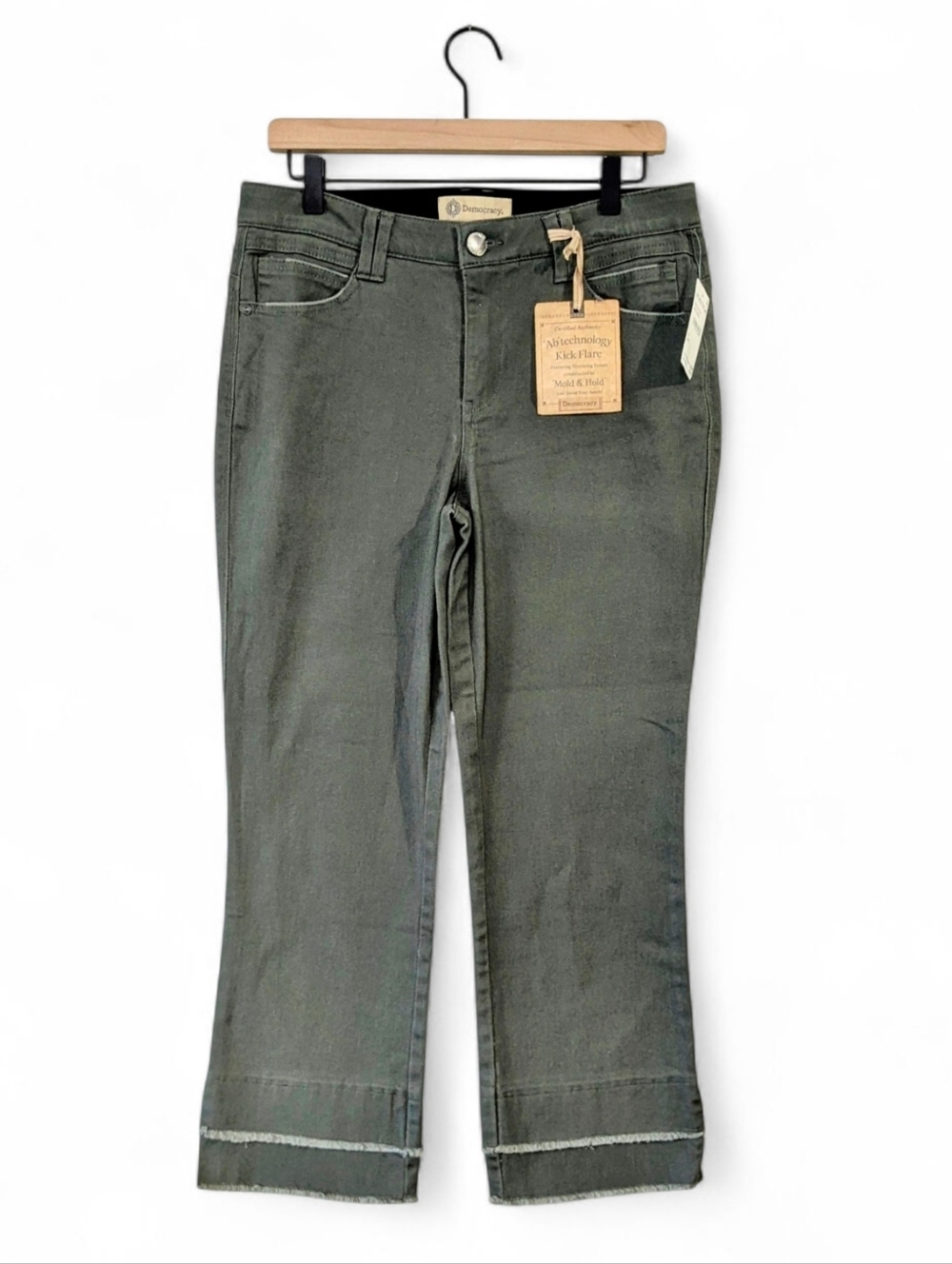 Democracy Ab Technology Jeans 10 Laurel Green Crop Flare Double Fringe Hem NWT